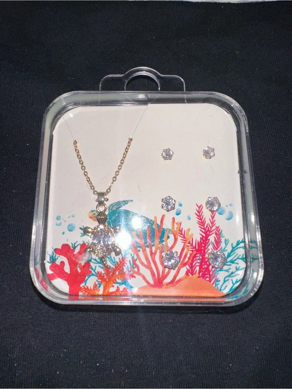Gold Turtle Pendant Necklace with Crystal Stud Earring Set - Gold